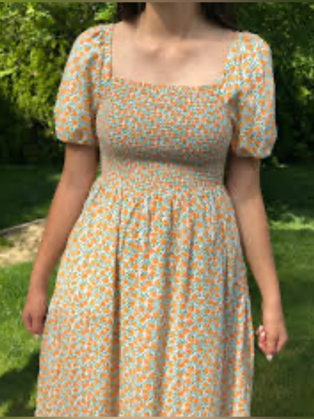 J.crew XXL peach print dress midi length smocked bodice puff sleeves summertime